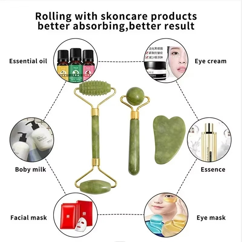 Natural Jade Roller & Gua Sha Set – Face, Neck & Eye Massage Tool for Lifting and Relaxation